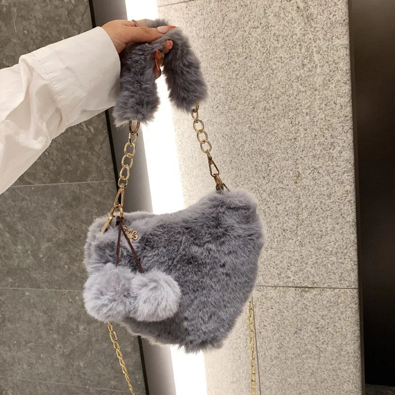 Faux Fur Heart-shaped Women Small Handbags Fluffy Plush Ladies Shoulder Bag