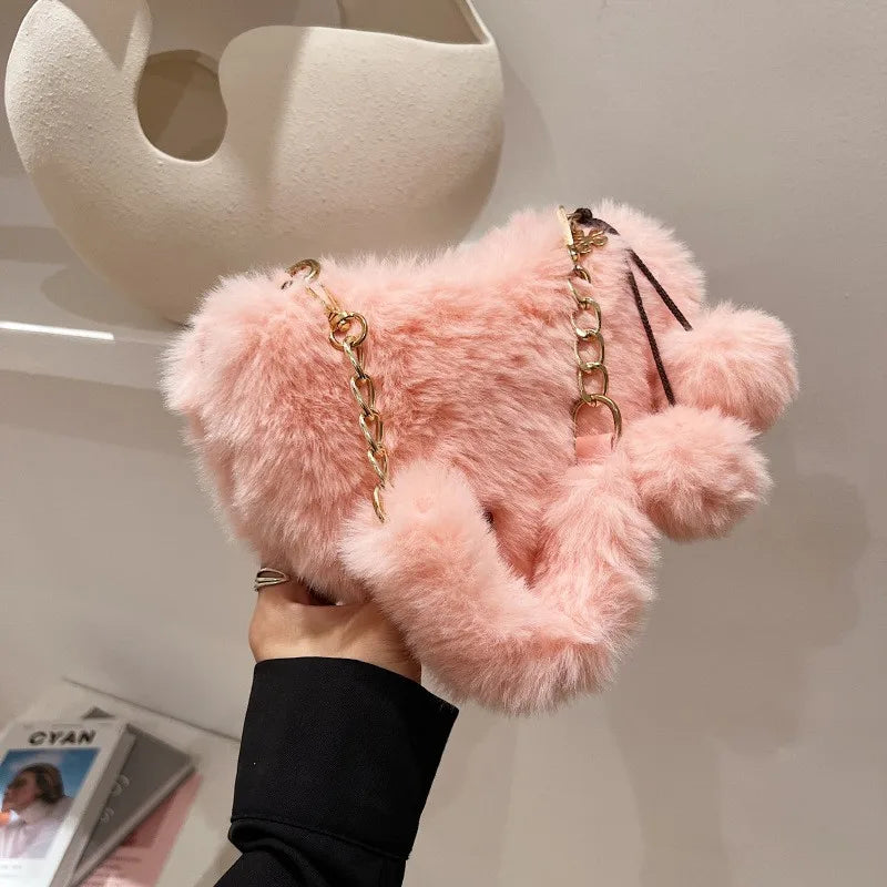 Faux Fur Heart-shaped Women Small Handbags Fluffy Plush Ladies Shoulder Bag