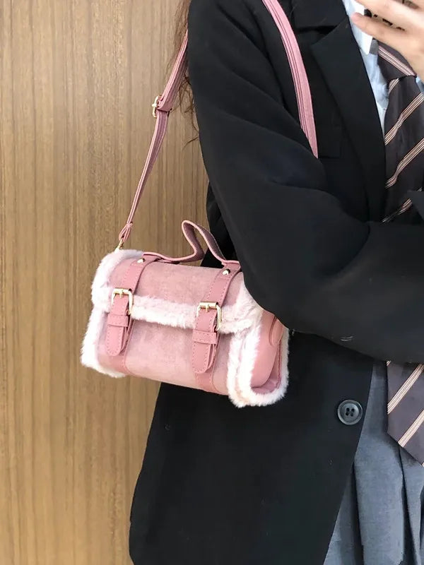 Faux Fur Crossbody Bag Vintage Square Purse Soft Handbag