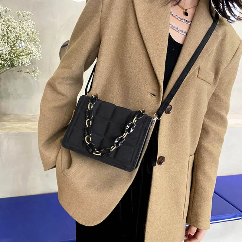 Flannel Crossbody Bag Women Chain Handbag Solid Square Shoulder Bag Female Purse