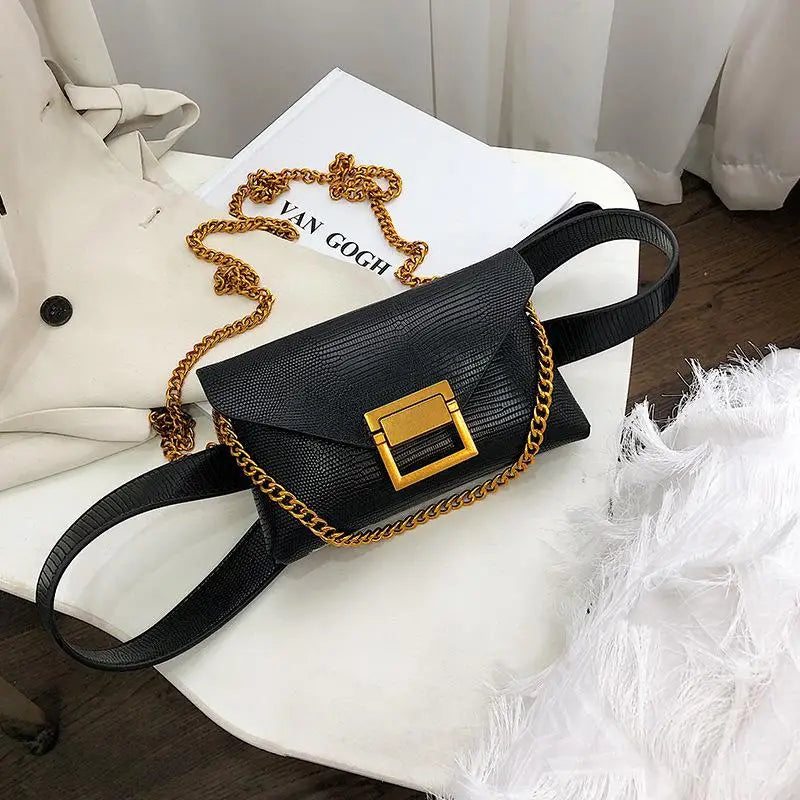 Green Snake Pattern Women Waist Bag Chain Chest Bag Crossbody Mini Fanny Pack