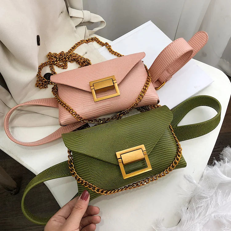 Green Snake Pattern Women Waist Bag Chain Chest Bag Crossbody Mini Fanny Pack