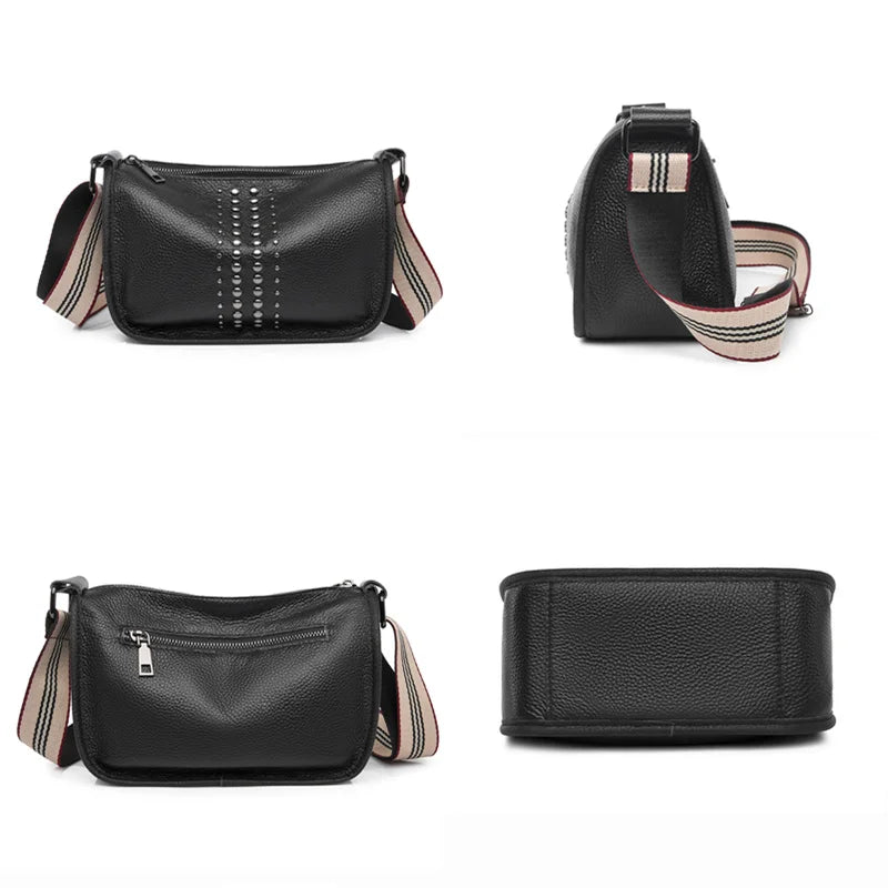 Rivet Leather Shoulder Bag with Wide Straps for Women