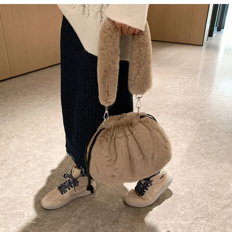 Drawstring Top-handle Ladies Handbag Faux Fur Messenger Purse Bag Tote Sac Main
