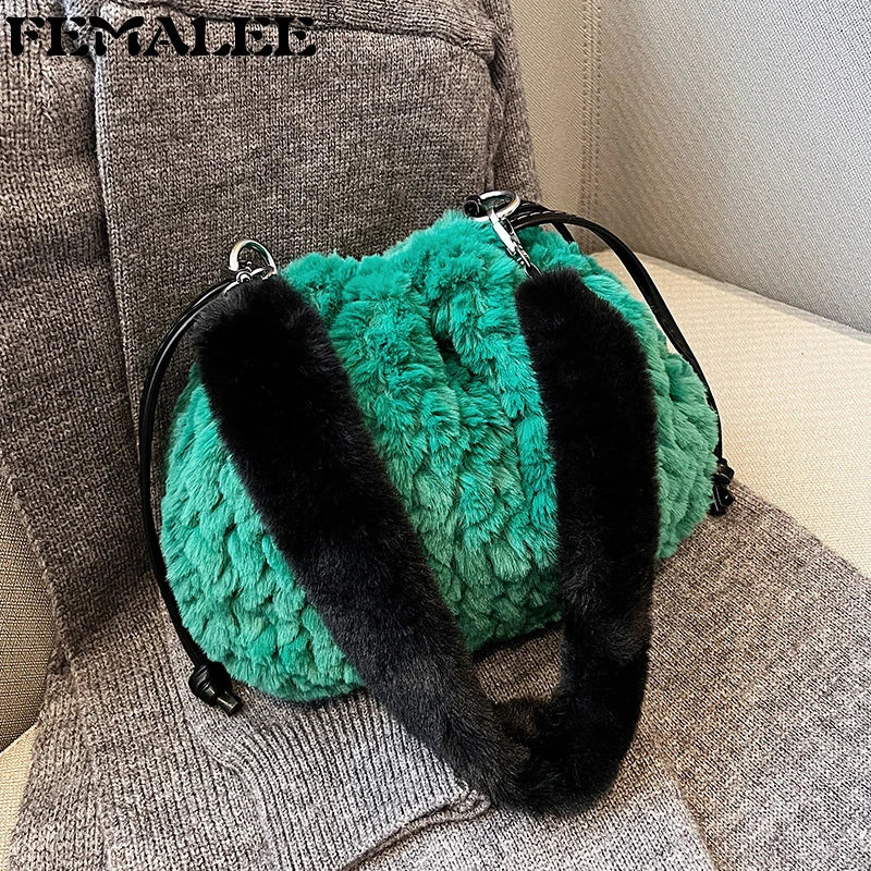 Drawstring Top-handle Ladies Handbag Faux Fur Messenger Purse Bag Tote Sac Main