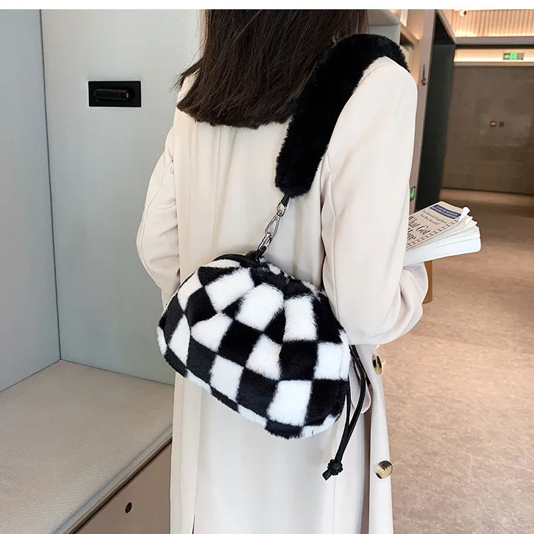 Drawstring Top-handle Ladies Handbag Faux Fur Messenger Purse Bag Tote Sac Main