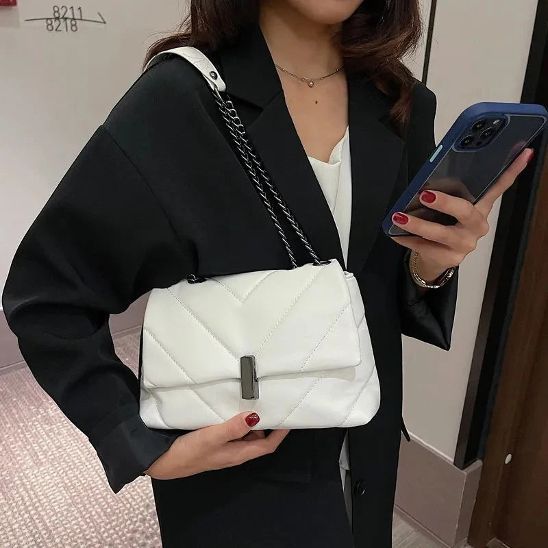 Vintage Shoulder Bag Chain Messenger Bags PU Leather Thread Flap