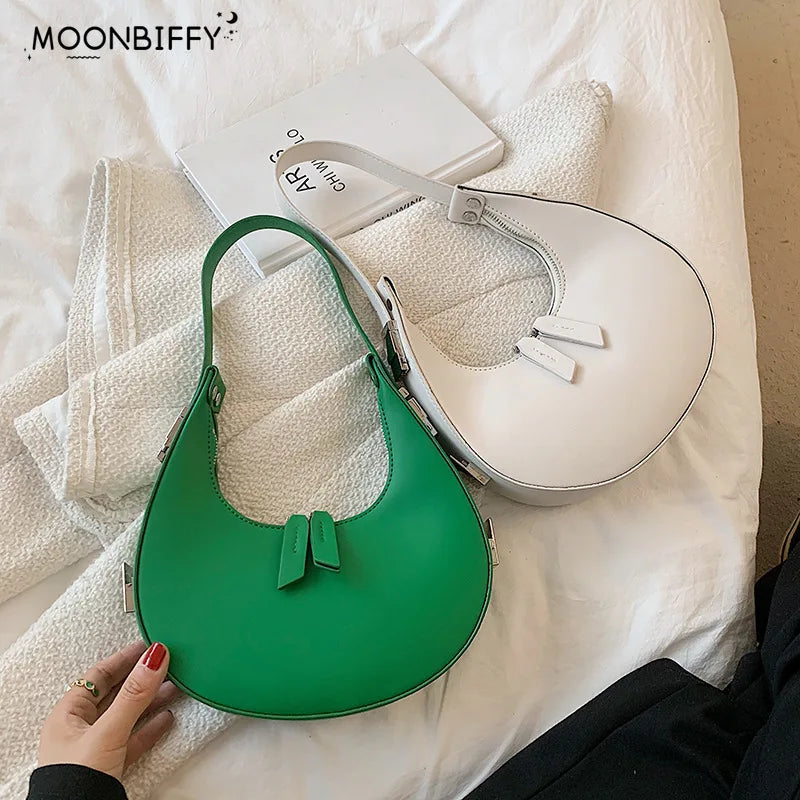 Vintage Leather Clutches Half Moon French Armpit Shoulder Bag