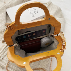 Vintage Wooden Handle Clutch Purse Canvas Shoulder Bag