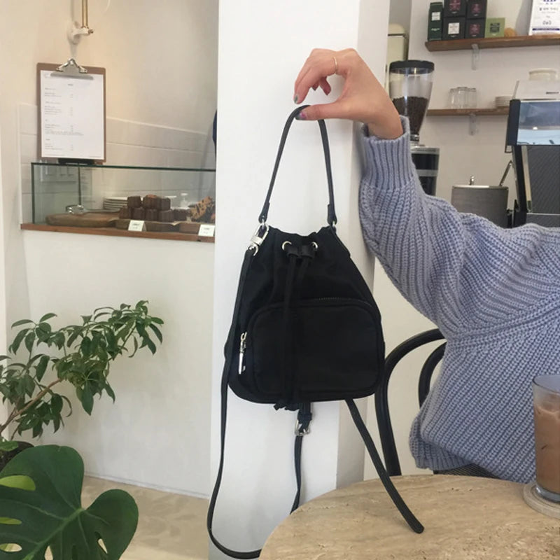 Nylon Crossbody Shoulder Bag Vintage Drawstring Bucket Messenger Bag