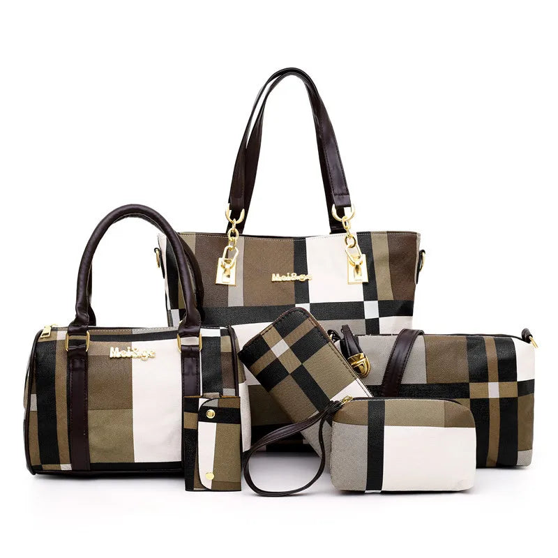 Women Plaid Handbag Set 6 PCS Shoulder Bag Crossbody Travel Shopping Ladies