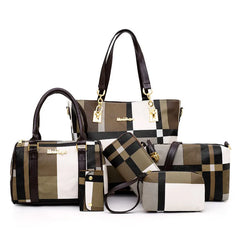 Women Plaid Handbag Set 6 PCS Shoulder Bag Crossbody Travel Shopping Ladies