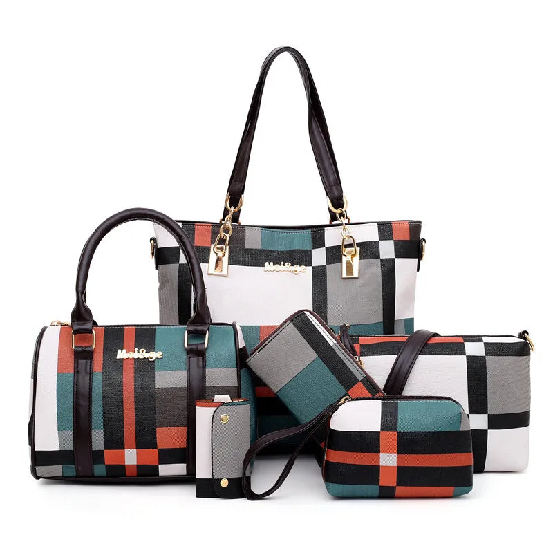 Women Plaid Handbag Set 6 PCS Shoulder Bag Crossbody Travel Shopping Ladies