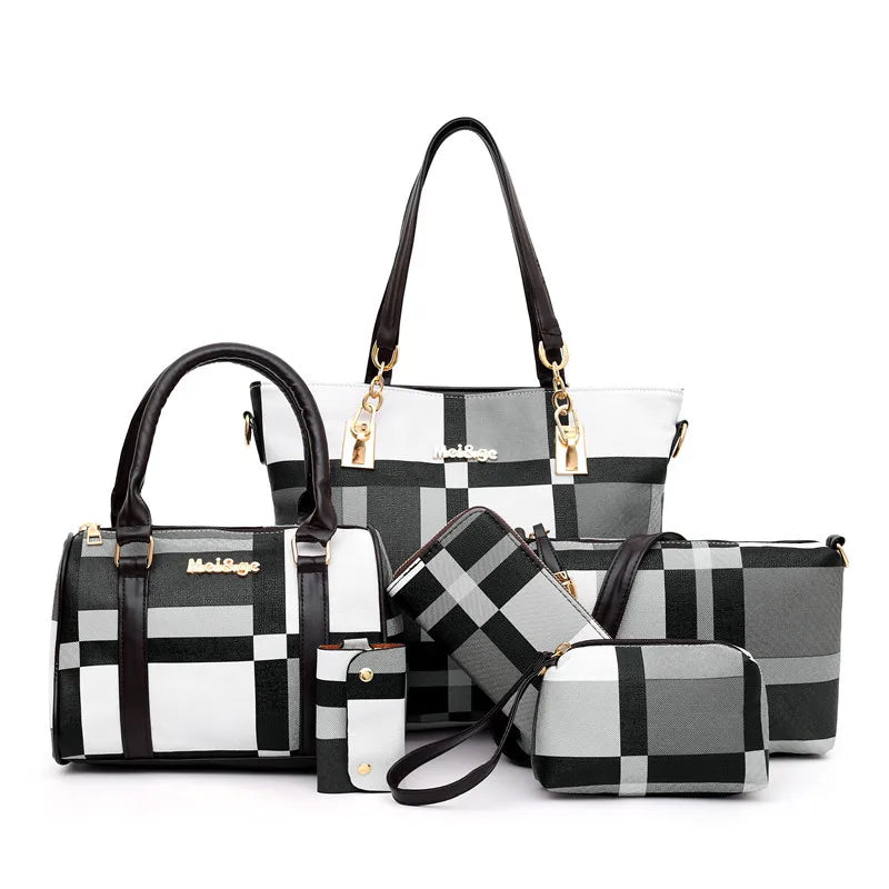 Women Plaid Handbag Set 6 PCS Shoulder Bag Crossbody Travel Shopping Ladies