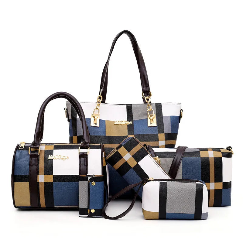 Women Plaid Handbag Set 6 PCS Shoulder Bag Crossbody Travel Shopping Ladies