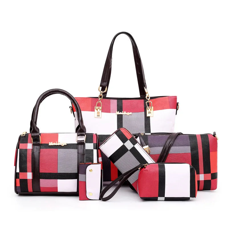 Women Plaid Handbag Set 6 PCS Shoulder Bag Crossbody Travel Shopping Ladies
