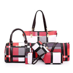 Women Plaid Handbag Set 6 PCS Shoulder Bag Crossbody Travel Shopping Ladies