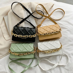 Plaid PU Leather Women Shoulder Bag with Thick Chain