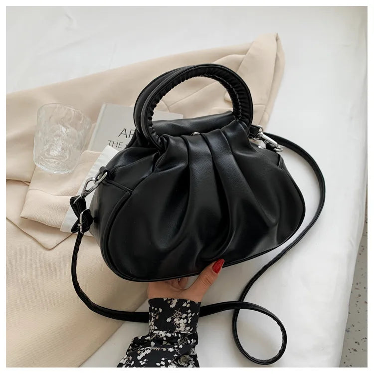 Pleated Solid PU Leather Female Shoulder Crossbody Messenger Bag