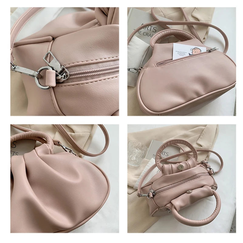 Pleated Solid PU Leather Female Shoulder Crossbody Messenger Bag