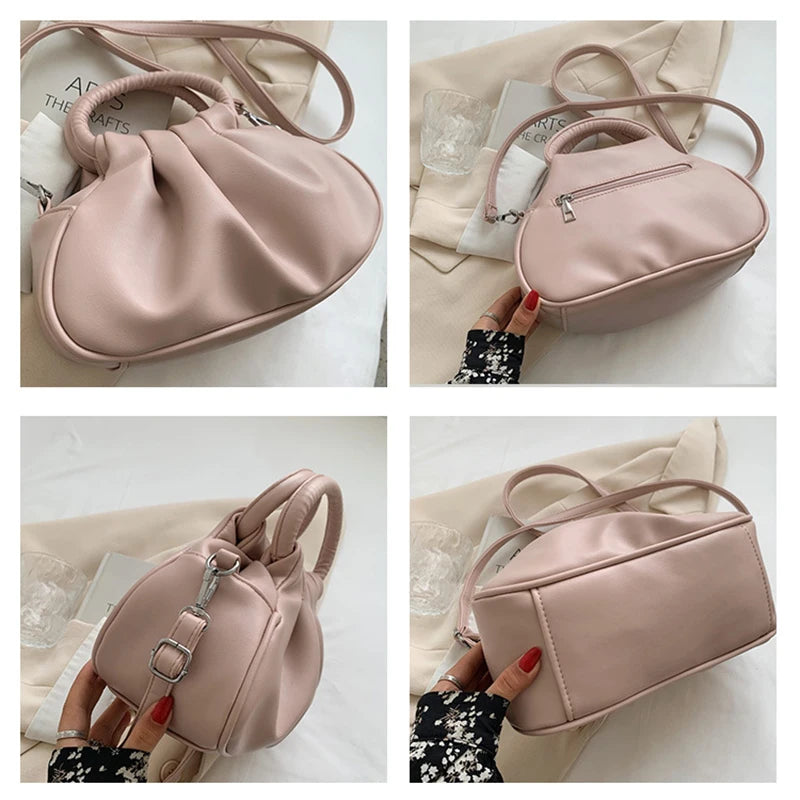 Pleated Solid PU Leather Female Shoulder Crossbody Messenger Bag