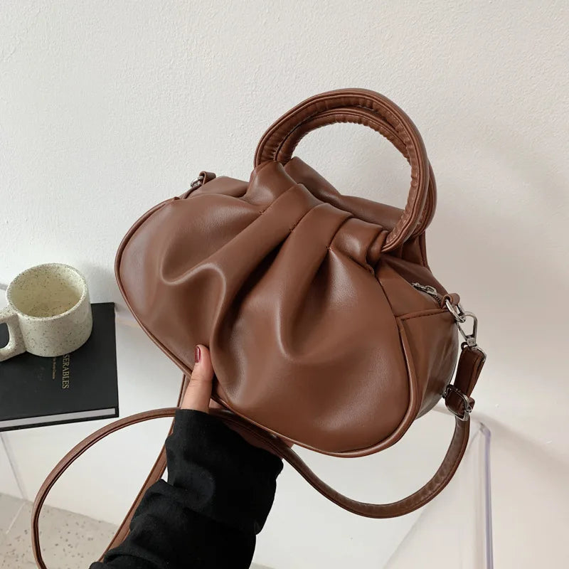 Pleated Solid PU Leather Female Shoulder Crossbody Messenger Bag