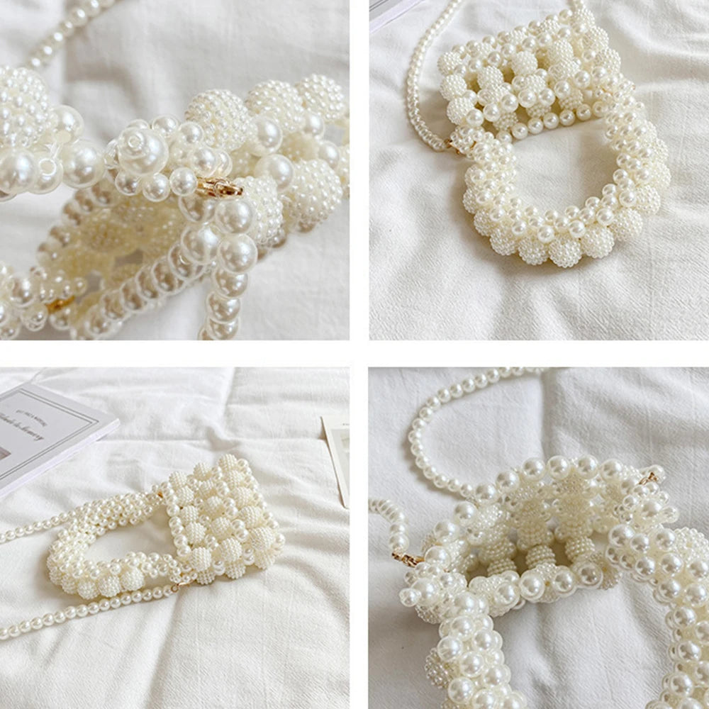 Beaded Woven Crossbody Bag for Women Mini Pearls Sling Party Purses