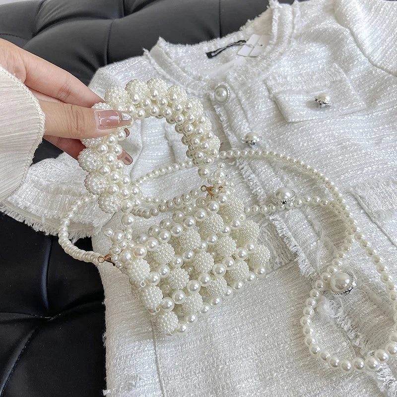 Beaded Woven Crossbody Bag for Women Mini Pearls Sling Party Purses