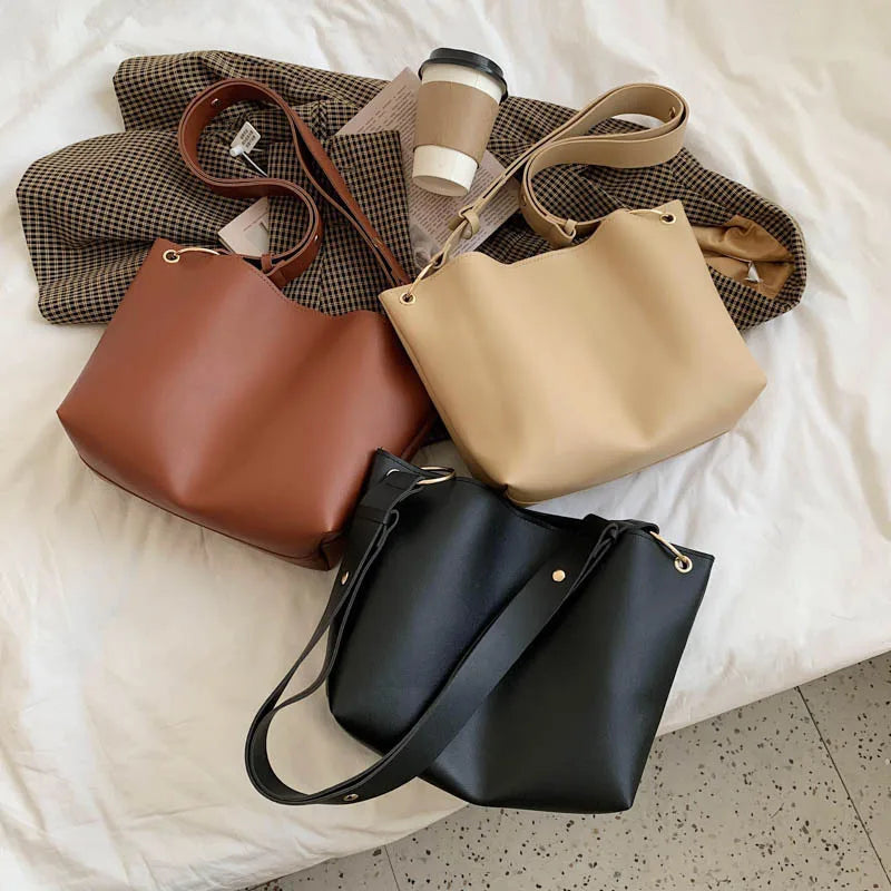 Ladies Bucket PU Leather Shoulder Bag Single Shoulder Large Capacity Messenger