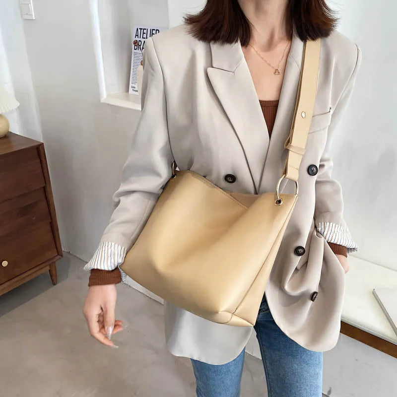 Ladies Bucket PU Leather Shoulder Bag Single Shoulder Large Capacity Messenger