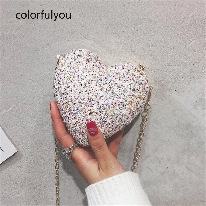 Heart Shape Evening Clutch Bag Sequin Mini Bridal Wedding Party Purses Chain Bag