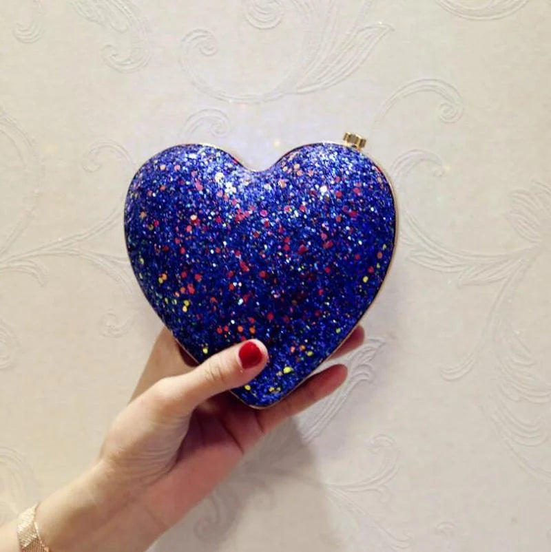 Heart Shape Evening Clutch Bag Sequin Mini Bridal Wedding Party Purses Chain Bag