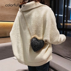 Heart Shape Evening Clutch Bag Sequin Mini Bridal Wedding Party Purses Chain Bag