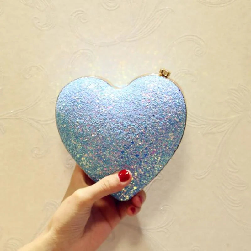 Heart Shape Evening Clutch Bag Sequin Mini Bridal Wedding Party Purses Chain Bag