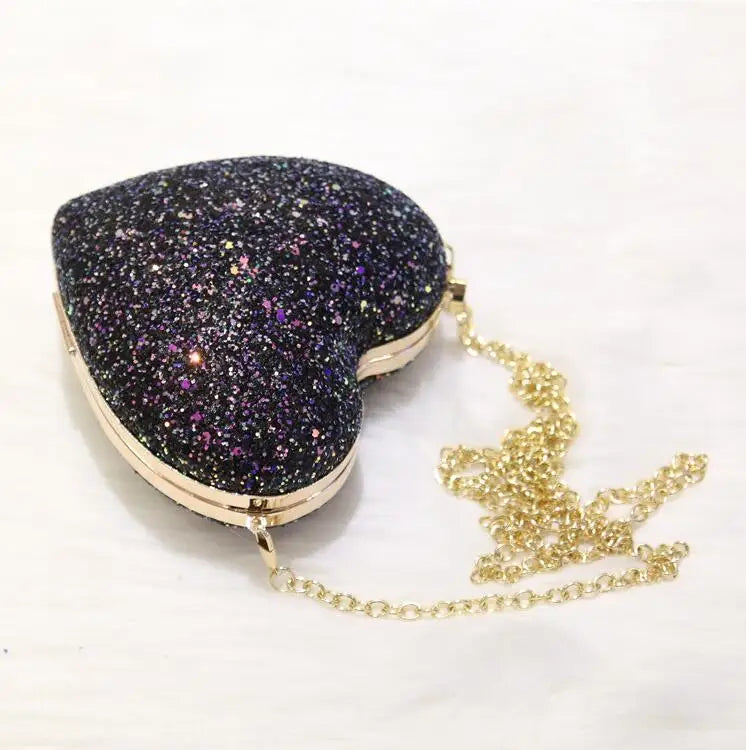 Heart Shape Evening Clutch Bag Sequin Mini Bridal Wedding Party Purses Chain Bag
