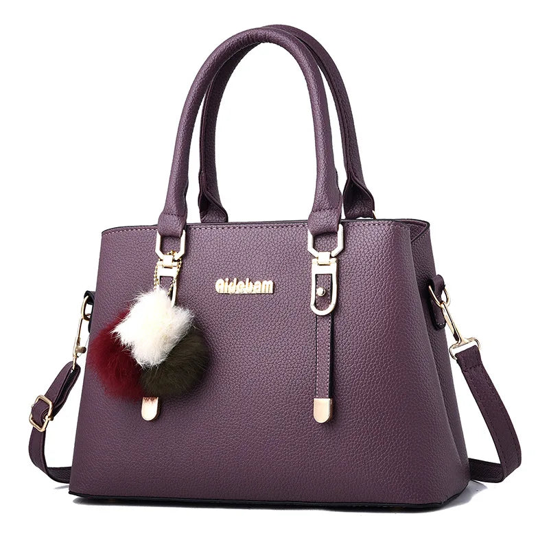 Hairball Crossbody Shoulder Bag Women's PU Leather Tote Solid Handbag
