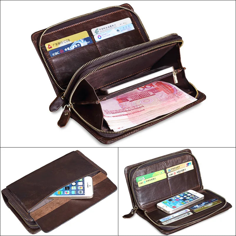Men Clutch Bag Long Wallet Leather Double Zipper Business Purse