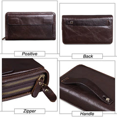 Men Clutch Bag Long Wallet Leather Double Zipper Business Purse
