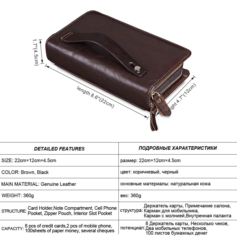 Men Clutch Bag Long Wallet Leather Double Zipper Business Purse