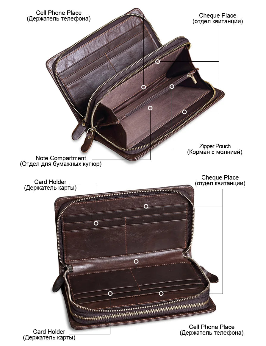 Men Clutch Bag Long Wallet Leather Double Zipper Business Purse