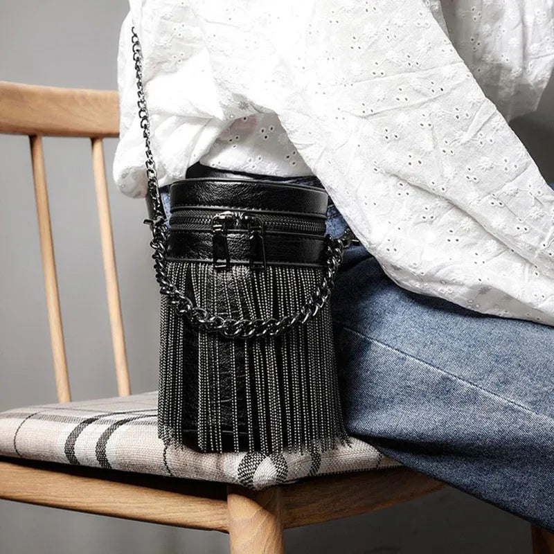 Mini PU Leather Bucket Crossbody Bag with Tassel