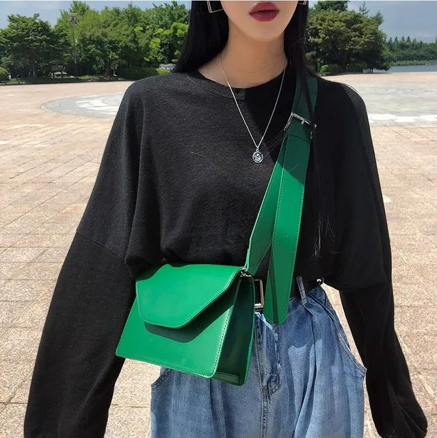 Retro Khaki Green Shoulder Bag Wide Strap Flap Shopper Bag