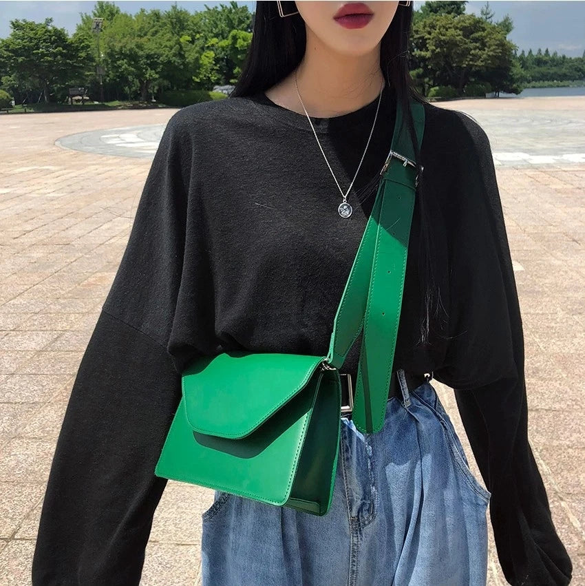 Retro Khaki Green Shoulder Bag Wide Strap Flap Shopper Bag