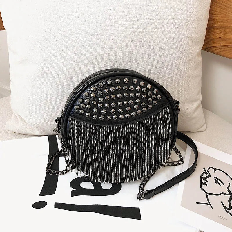 Punk Style Chain Shoulder Bag Small Rivet Tassel Crossbody Bag