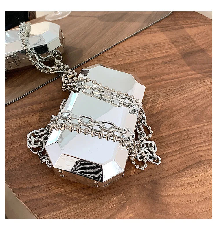 Silver Metal Box Bag Ladies Party Clutch Chain Purse Crossbody Mini Bag