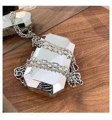 Silver Metal Box Bag Ladies Party Clutch Chain Purse Crossbody Mini Bag