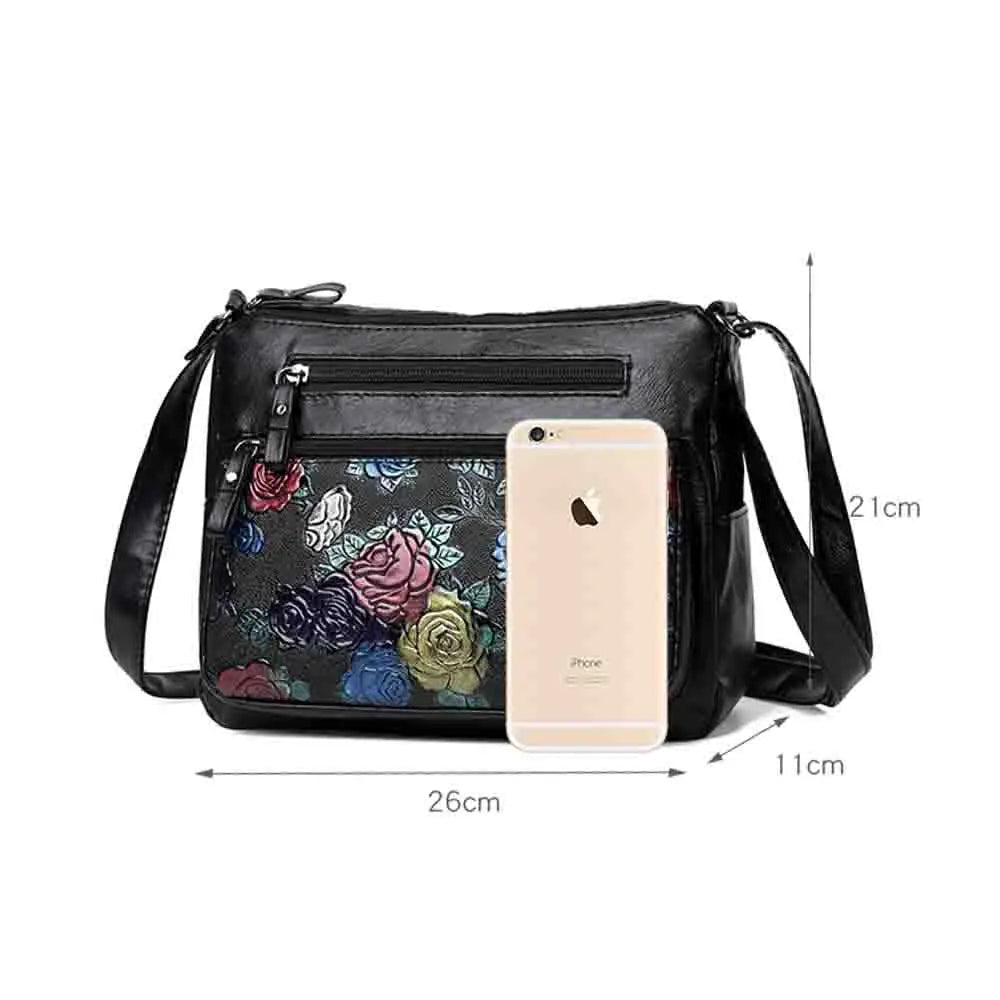 Women's Leather Messenger Shoulder Handbag Floral Multi-Pocket