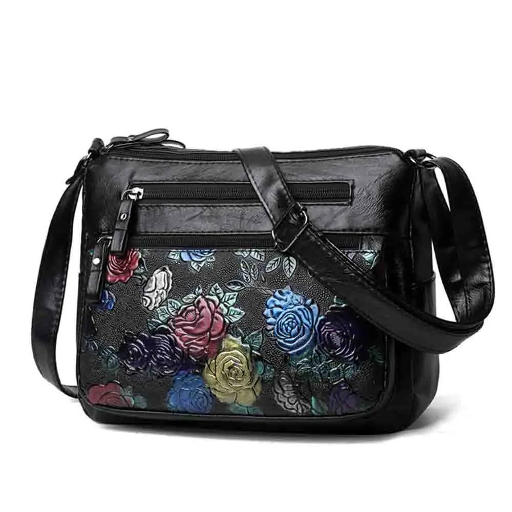 Women's Leather Messenger Shoulder Handbag Floral Multi-Pocket