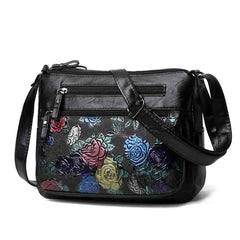 Women's Leather Messenger Shoulder Handbag Floral Multi-Pocket