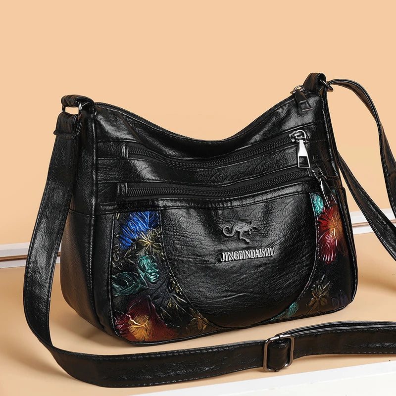 Women's Leather Messenger Shoulder Handbag Floral Multi-Pocket